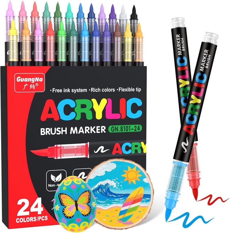 GuangNa Acrylic Paint Markers Brush Tip, 24 Vivid Colors with Direct-Liquid Ink Control System, Professional-Grade Paint Pen for Rock Painting, Canvas, Glass, Plastic, Fabric, Eggs - Image 1